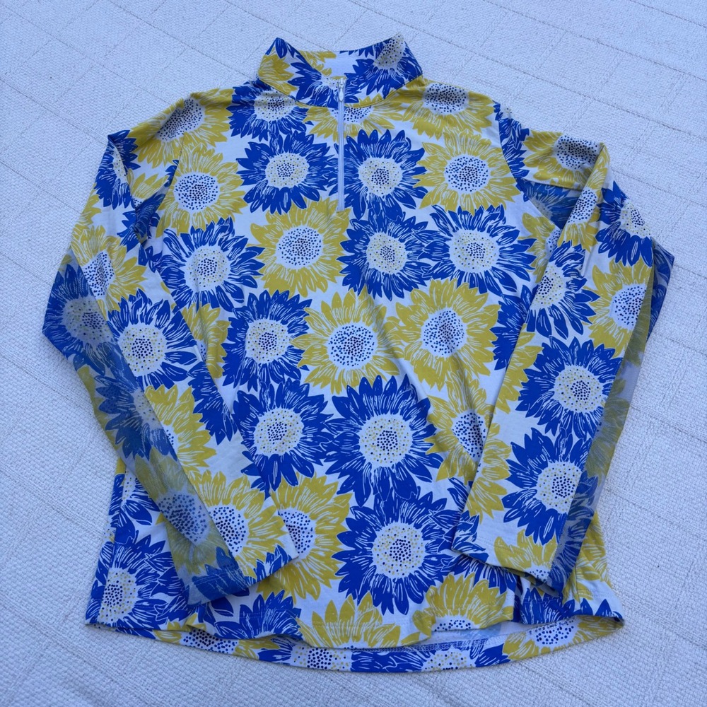 Women's Medium IBKUL Ruthie Yellow Blue Sunflower Floral Long Sleeve Zip Top
